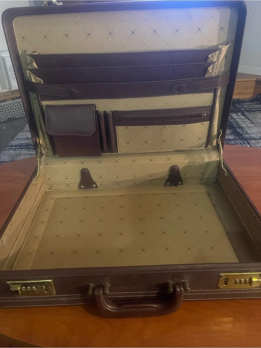Classic Brown Leather Hard Briefcase with Gold Hardware